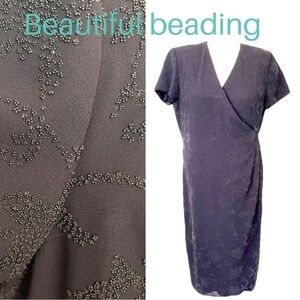 David Warren New York Vintage Black Faux Wrap Seed Bead Short Sleeve Midi Dress